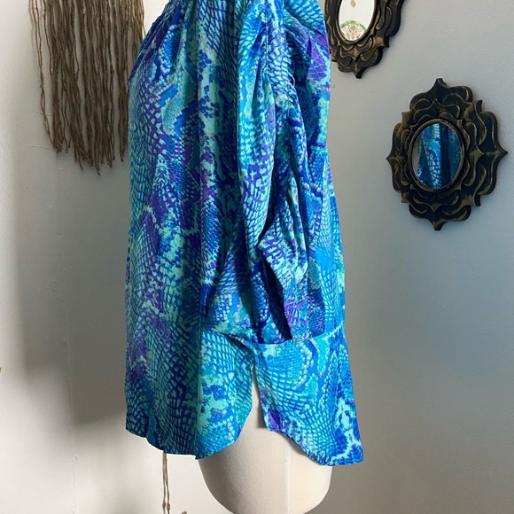 Jennifer Lopez purple blue boho snake print dolman sleeve hi low top size large - Picture 7 of 13